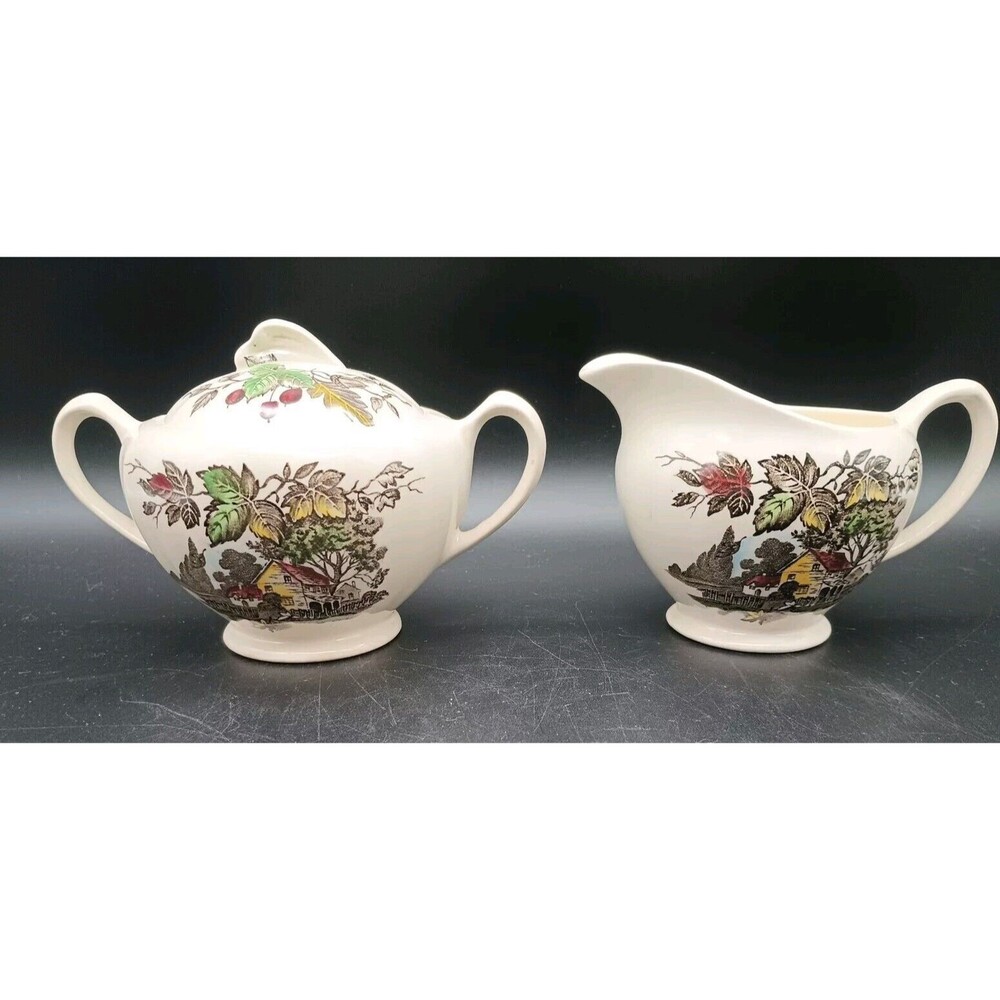 J & G Meakin Welcome Home Creamer Sugar Bowl Lid Autumn Leaves